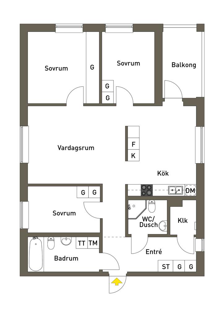 Observera att stora badrummet har dusch och inte badkar.