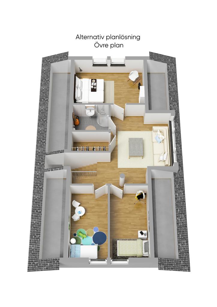 Planritning övre plan, alternativ planlösning 3D