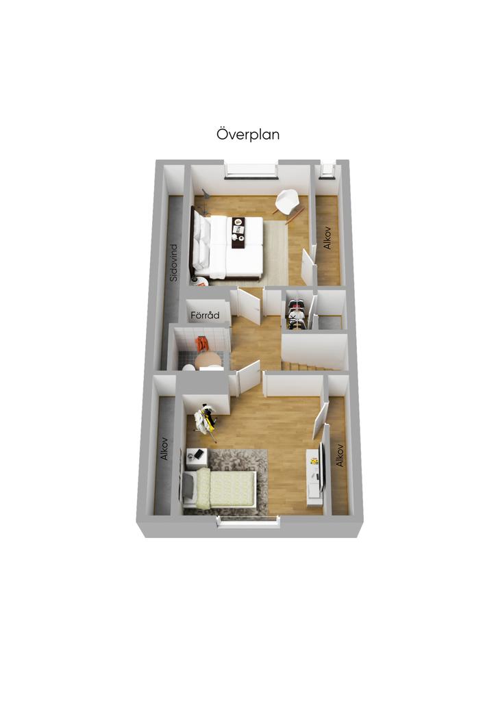 Planritning övre plan 3D möblerad