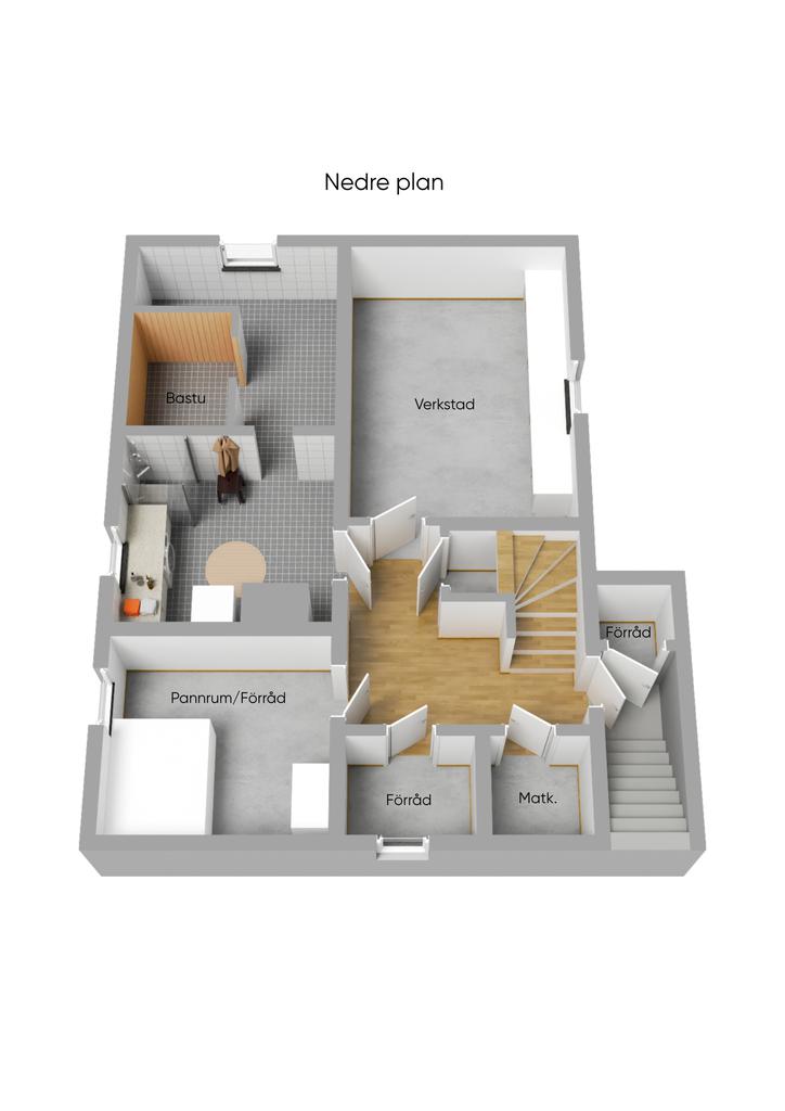 Planritning källarplan 3D möblerad