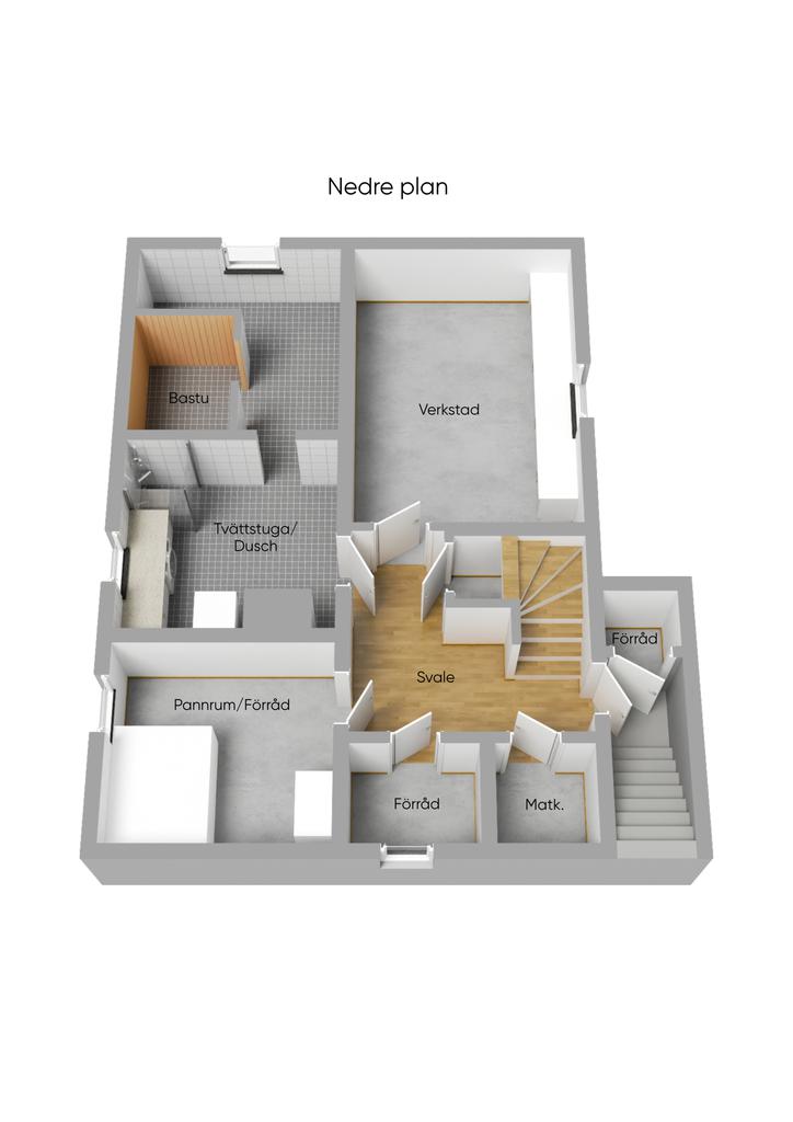 Planritning källarplan 3D omöblerad