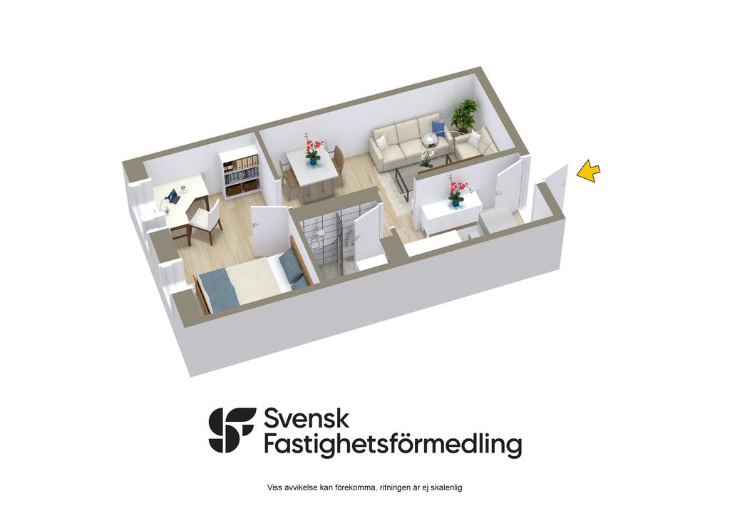 Alternativ planlösning med vägg (möblerad)