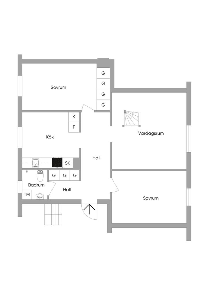 Alternativ planlösning (nedre plan) med trappa till övre plan