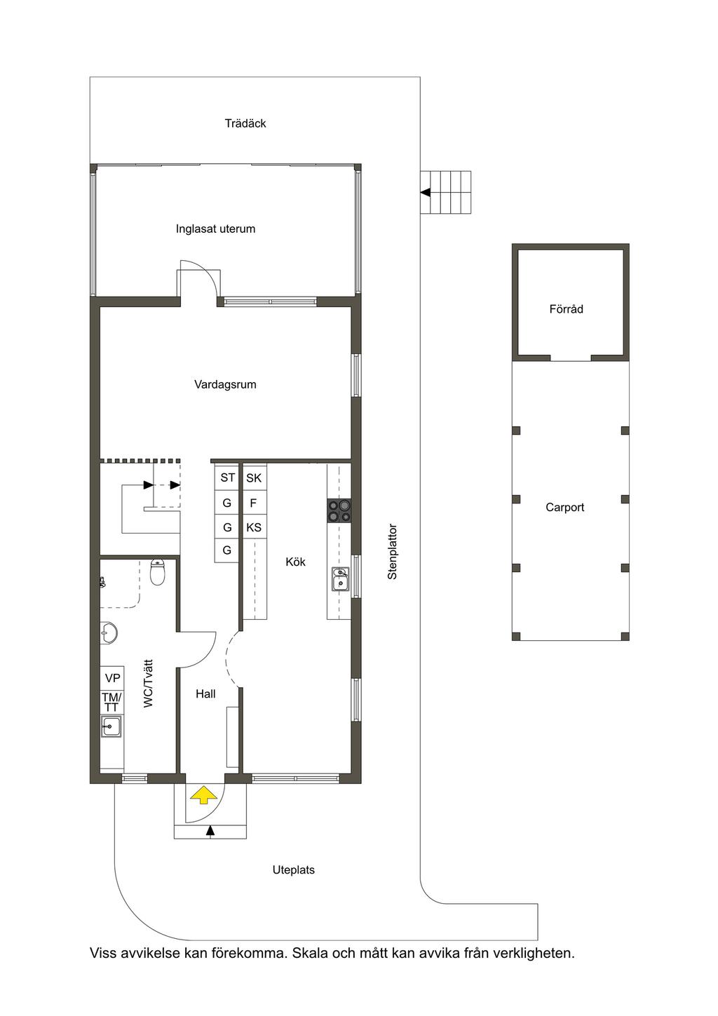 Entréplan, uterum, trädäck samt carport /förråd. 