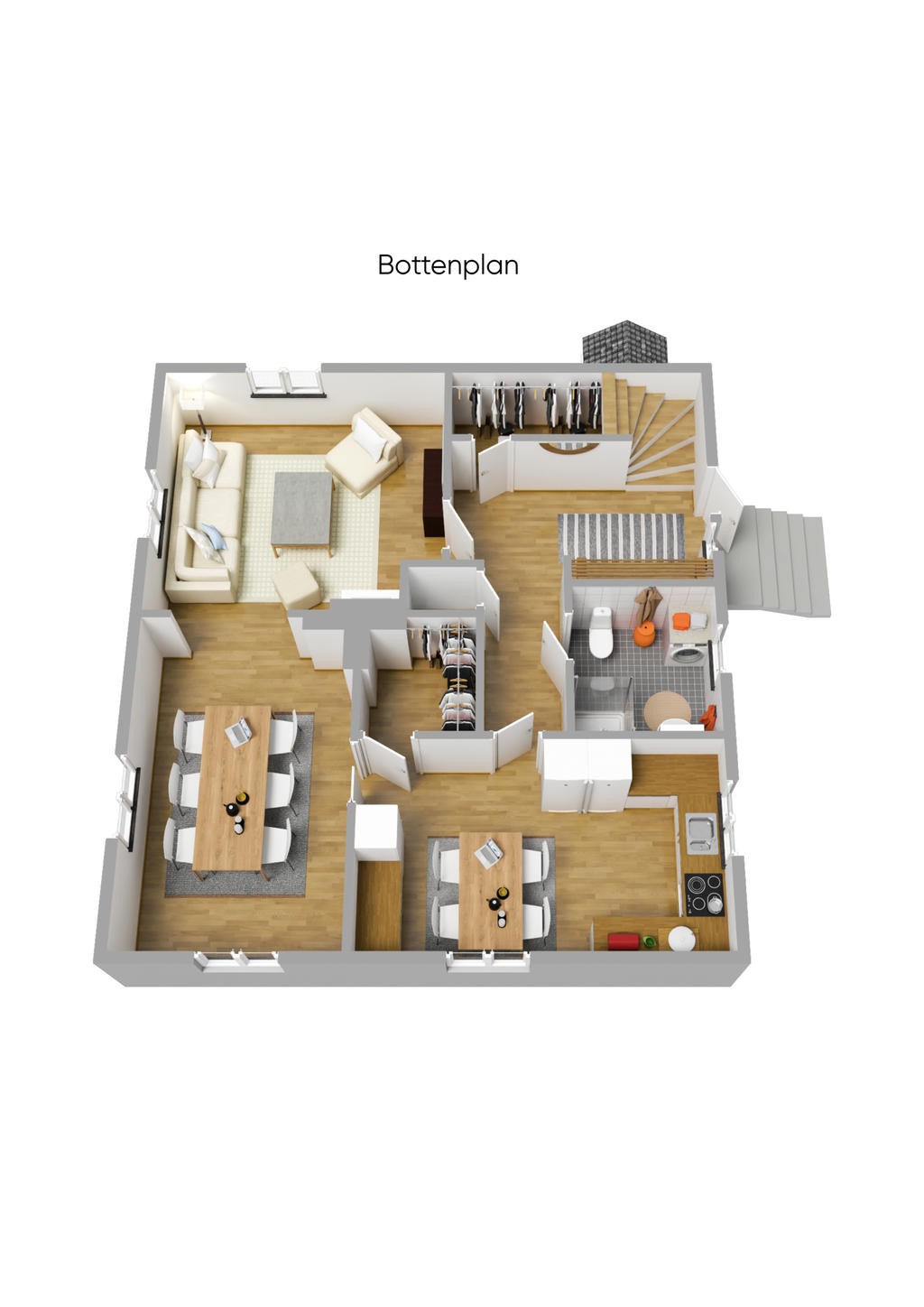 Planritning bottenplan 3D möblerad