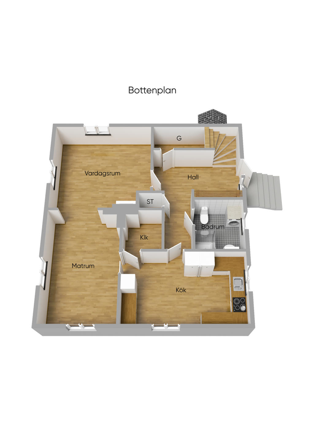 Planritning bottenplan 3D omöblerad