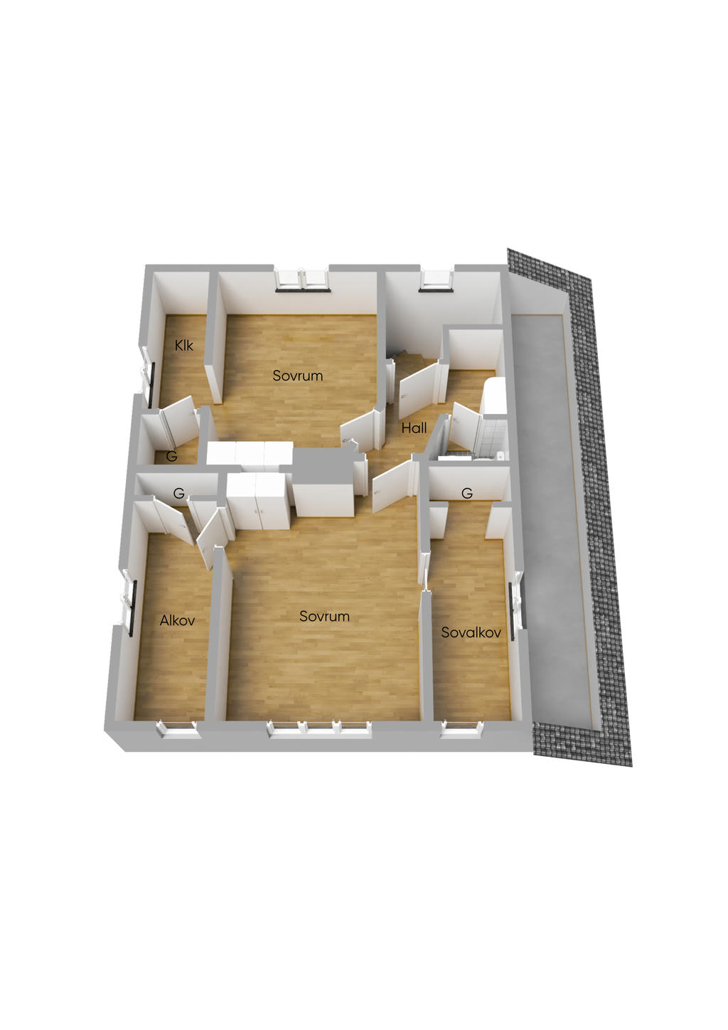 Planritning övre plan 3D omöblerad
