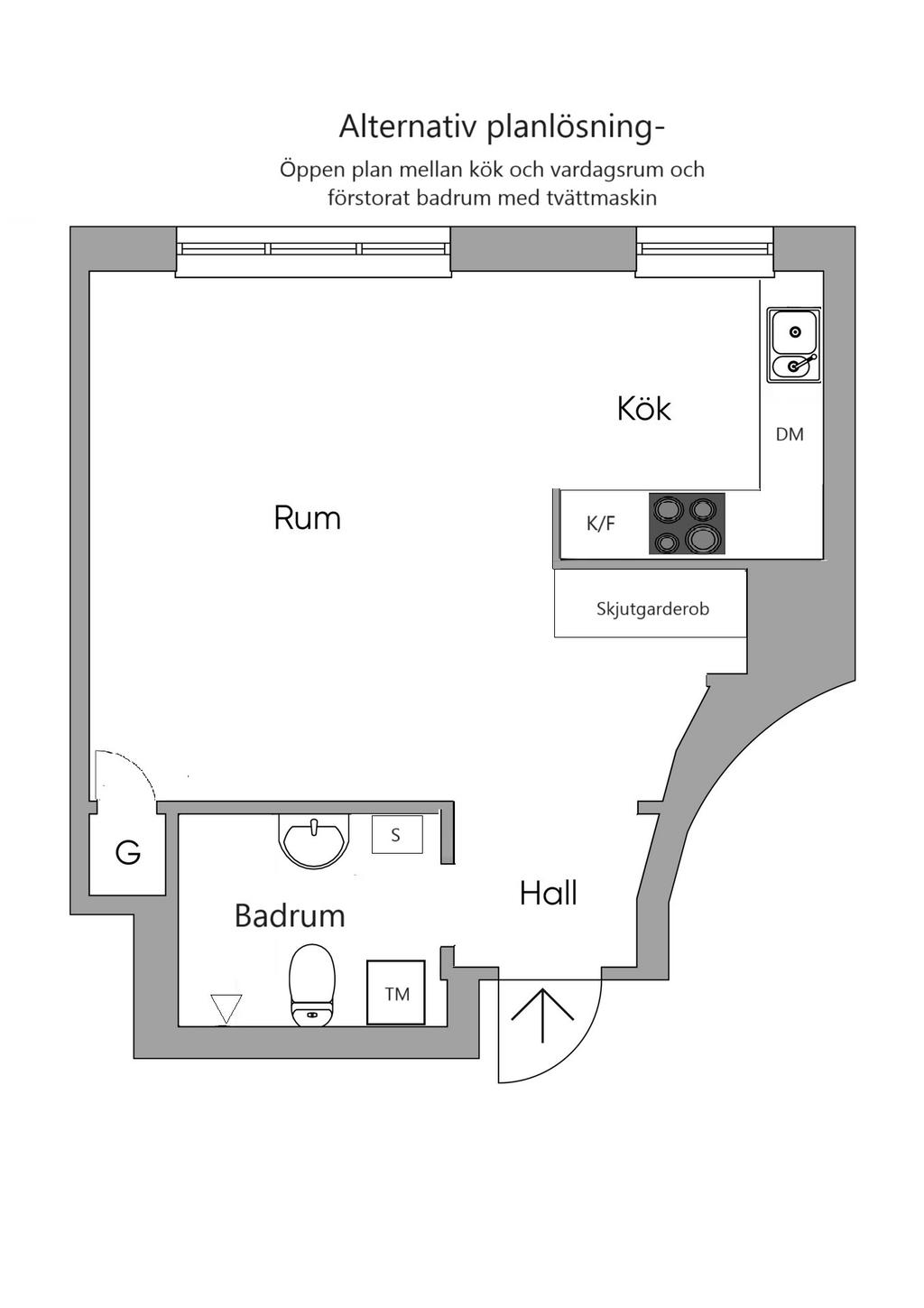 Alternativ planritning - Öppen plan mellan kök och vardagsrum samt förstorat badrum med tvättmaskin