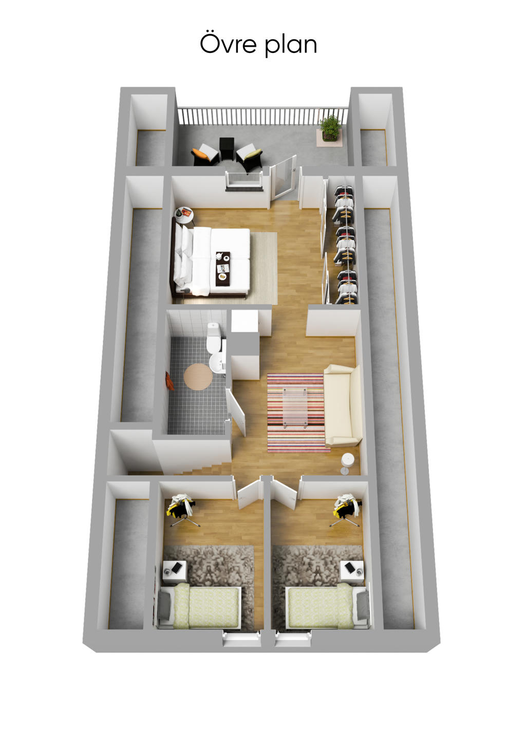 Planlösning bostadshus övre plan 3D