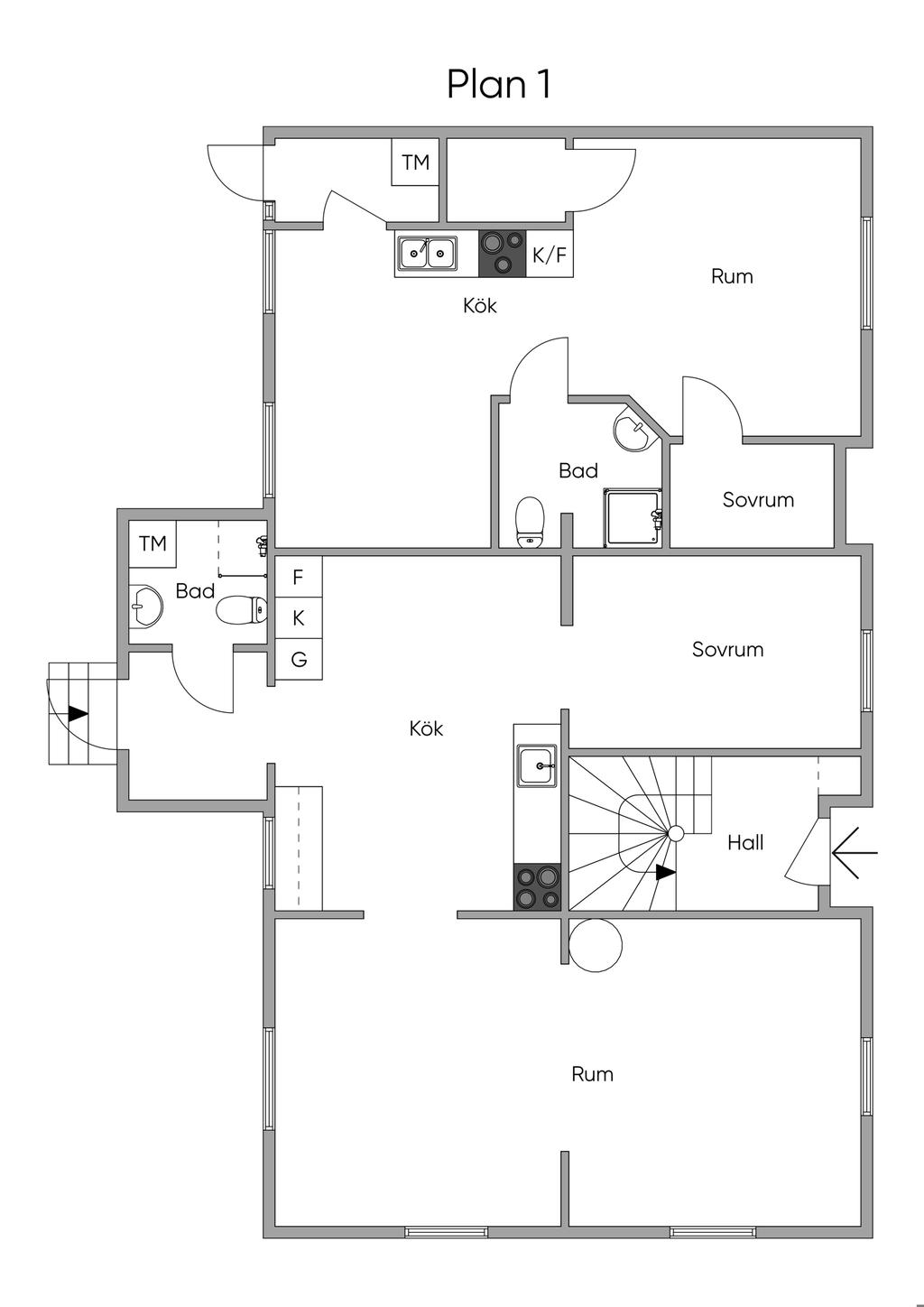Planlösning bottenplan, två lägenheter.