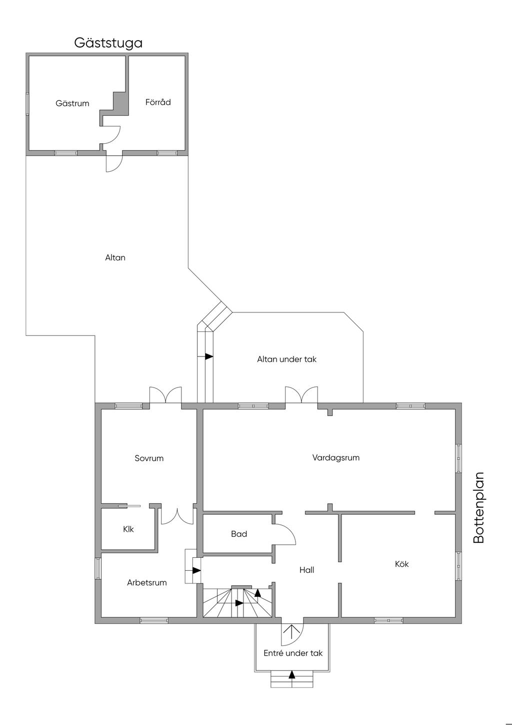 Planritning nedre plan med uteplatser