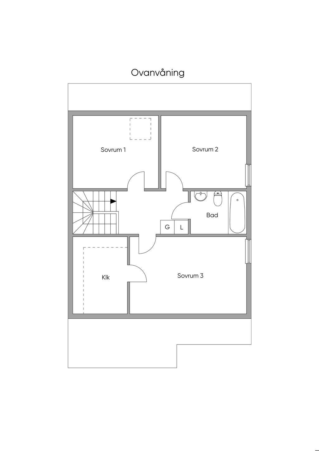 Planritning ovanvåningen i 2D
