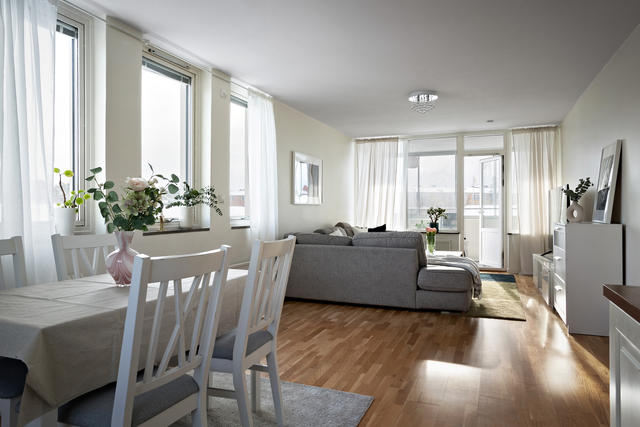 Ljusa, sociala ytor med ljusinsläpp från tre väderstreck
