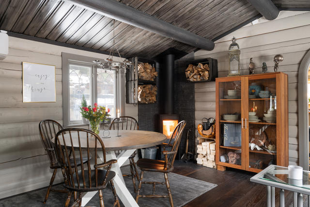 Matplats vid brasan i vardagsrummet