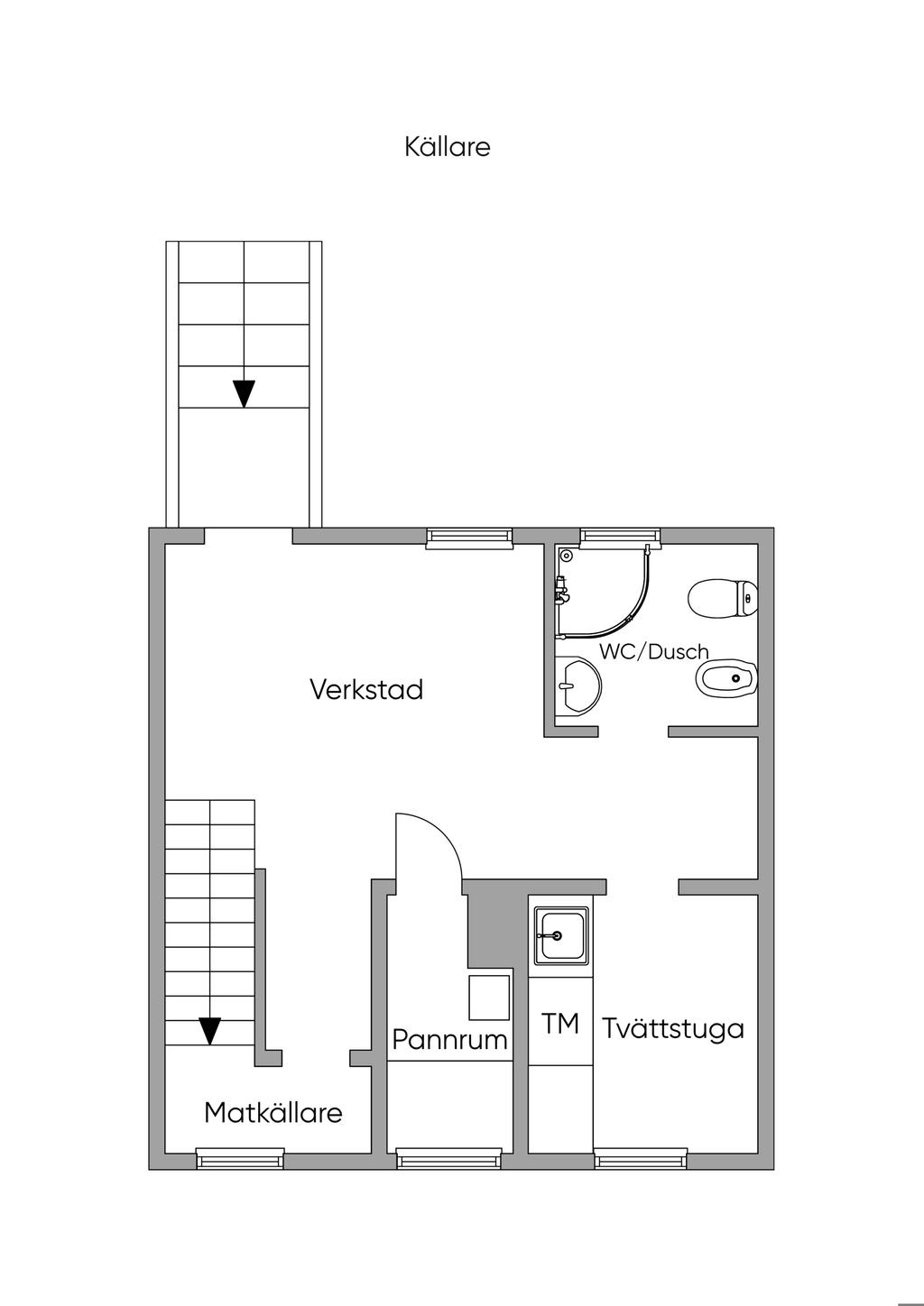 Går man ner en trappa kommer man ner till nedre plan med bl a ett allrum, tvättstuga och badrum
