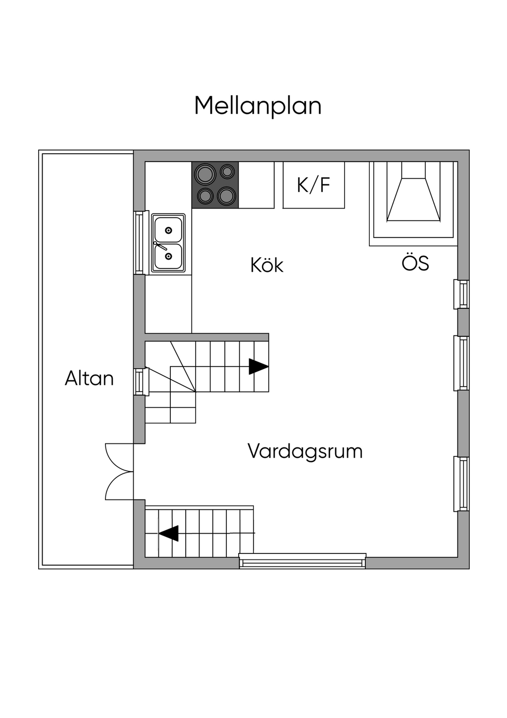 Mellanplan med entré via altan