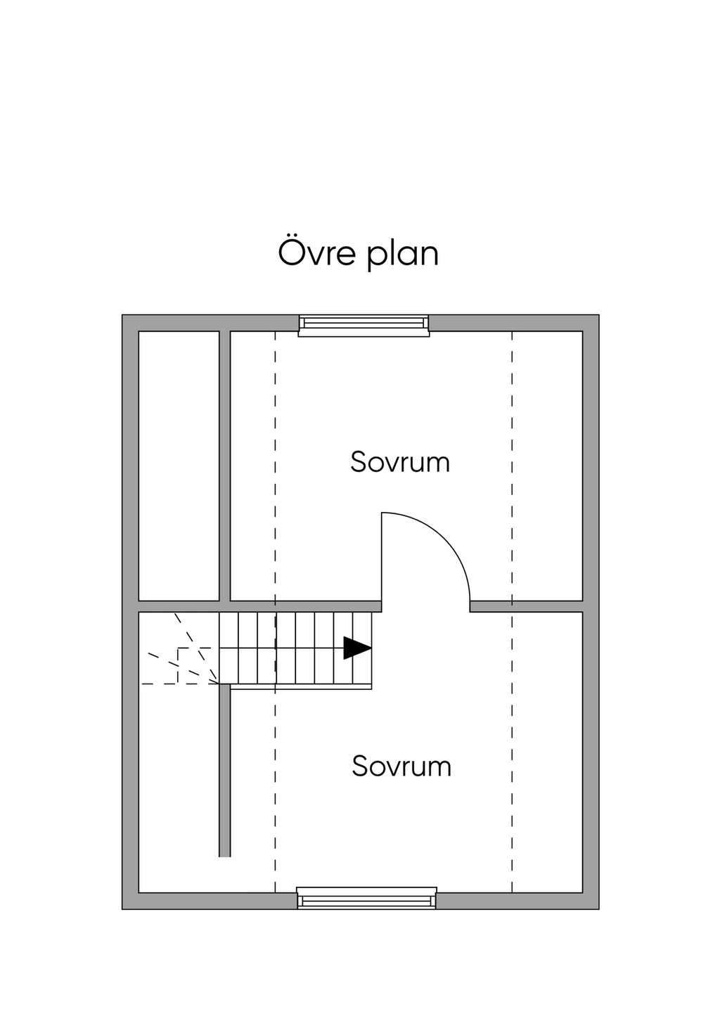 Övre plan med två sovrum och charmigt snedtak