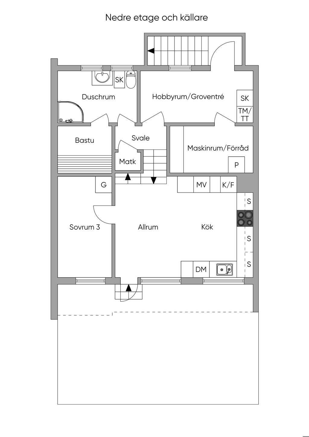 Nedre etage och källare, skiss