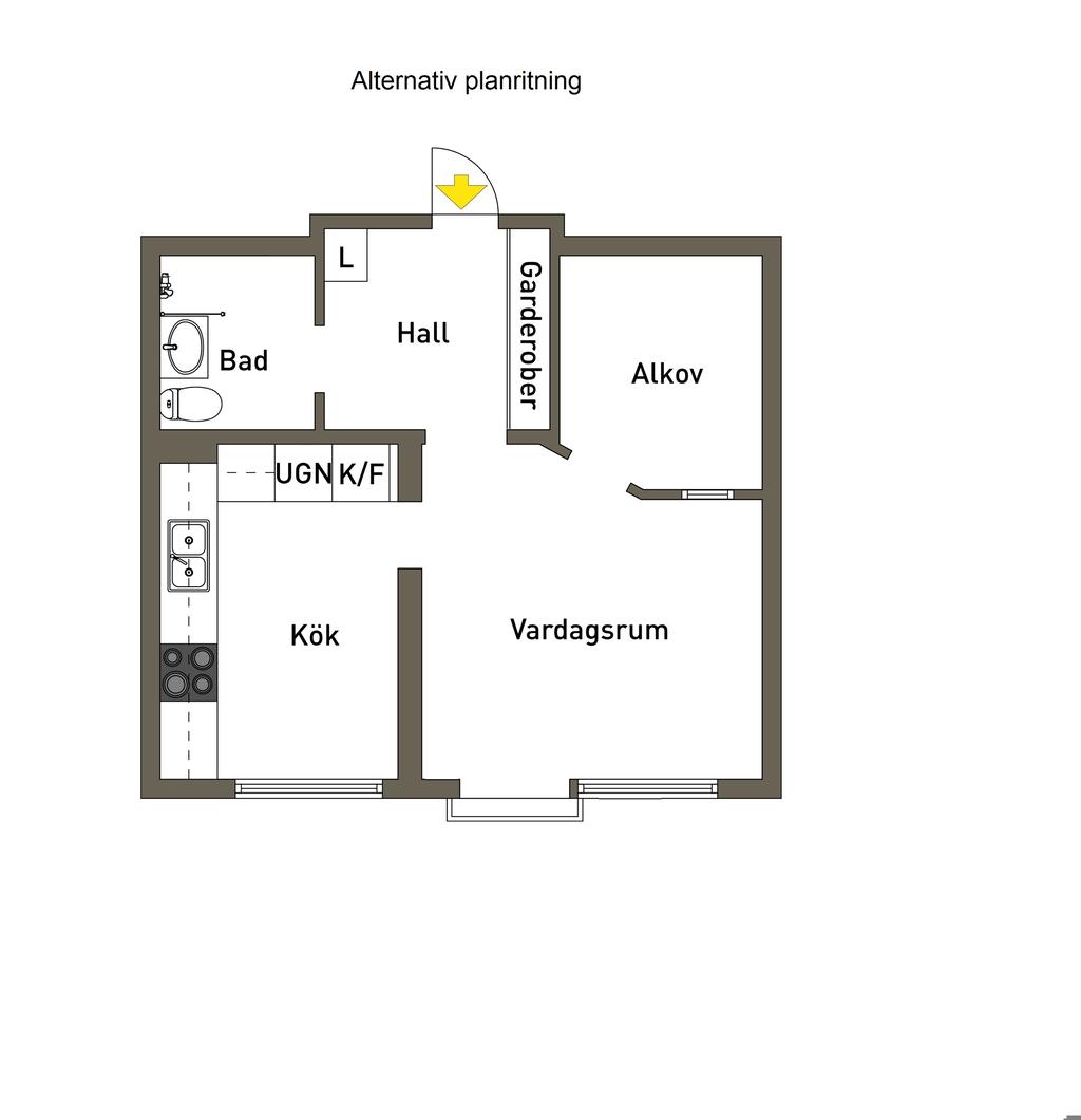 Alternativ planritning. Vid ändring av bärande konstruktion eller vid ingrepp på el/vatten/avlopp. Behövs godkännande från föreningen samt eventuellt bygglov.