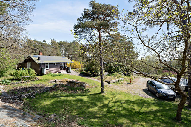 Vy över trädgården och parkeringsplats