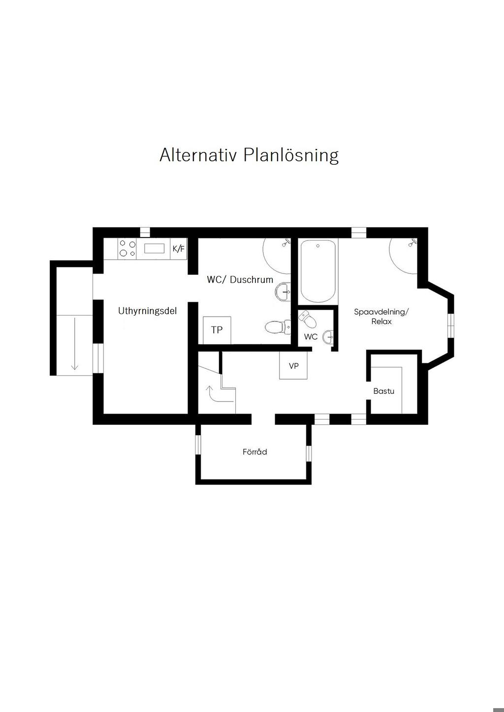 Alternativ planlösning med uthyrningsdel