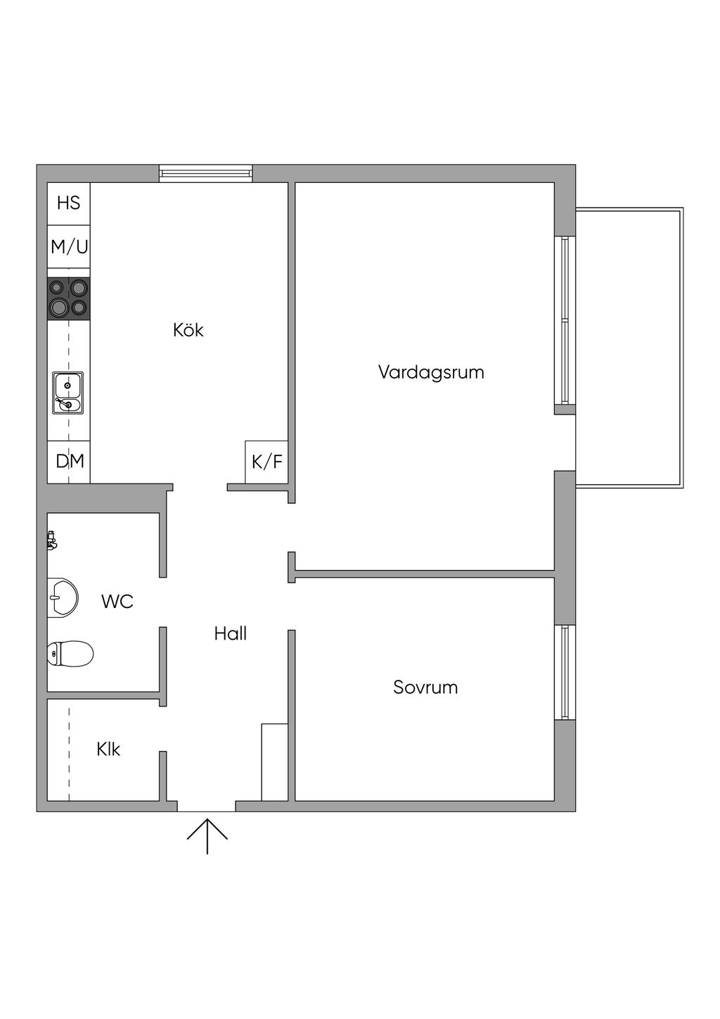 Original planlösning med ett sovrum