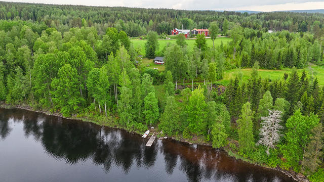 Brygga med enklare badstege belägen ca 50 meter nedanför tomten på grannens mark.