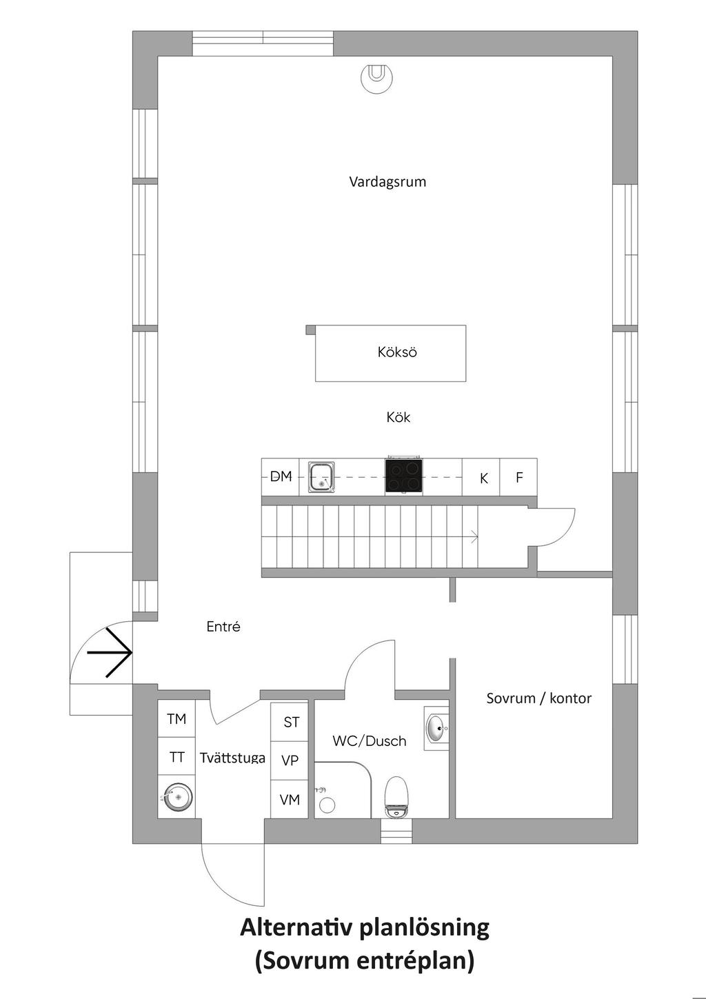 Alternativ planlösning (sovrum entréplan)