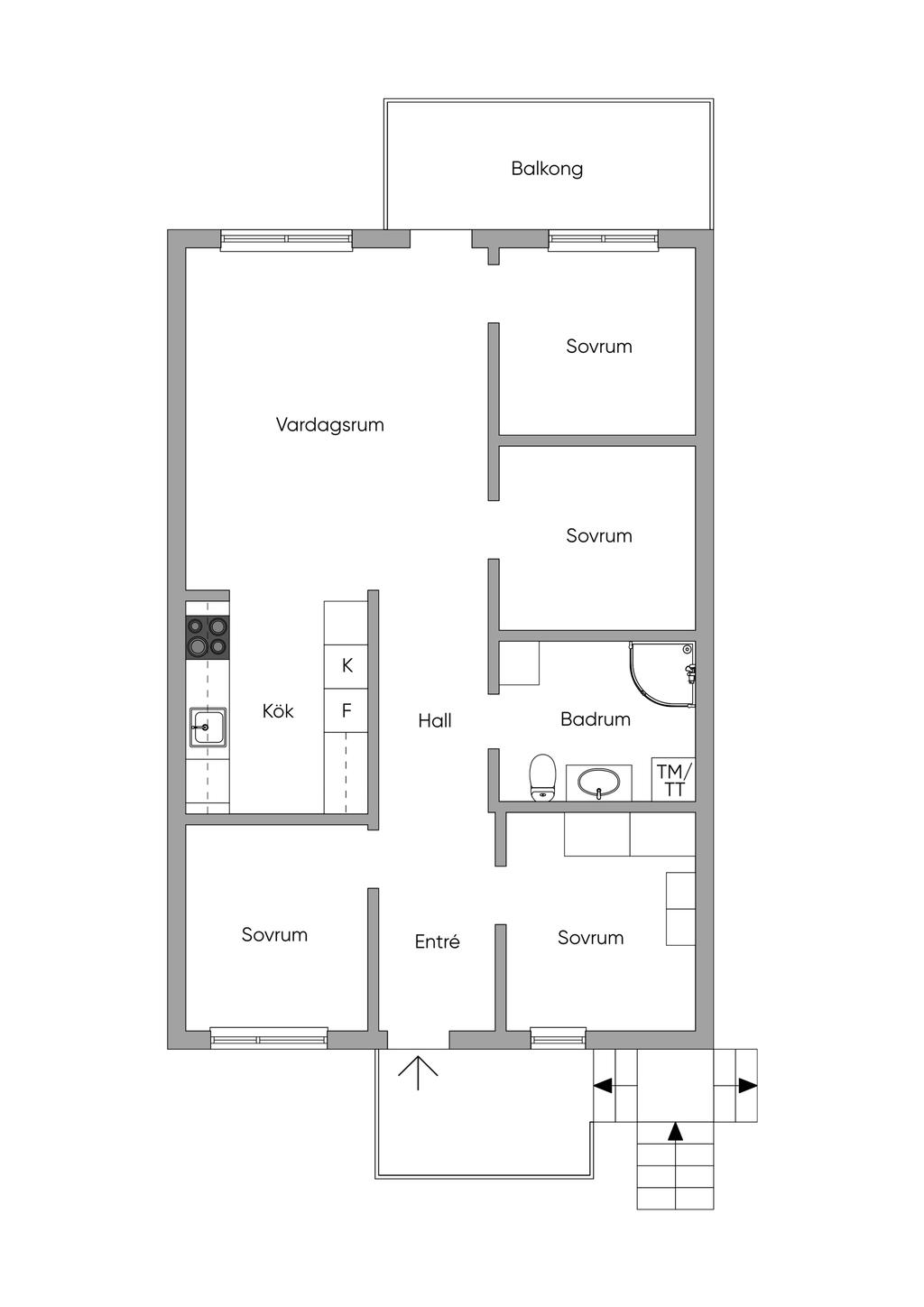 Alternativ planlösning, möjlighet att skapa upp till 4 sovrum.