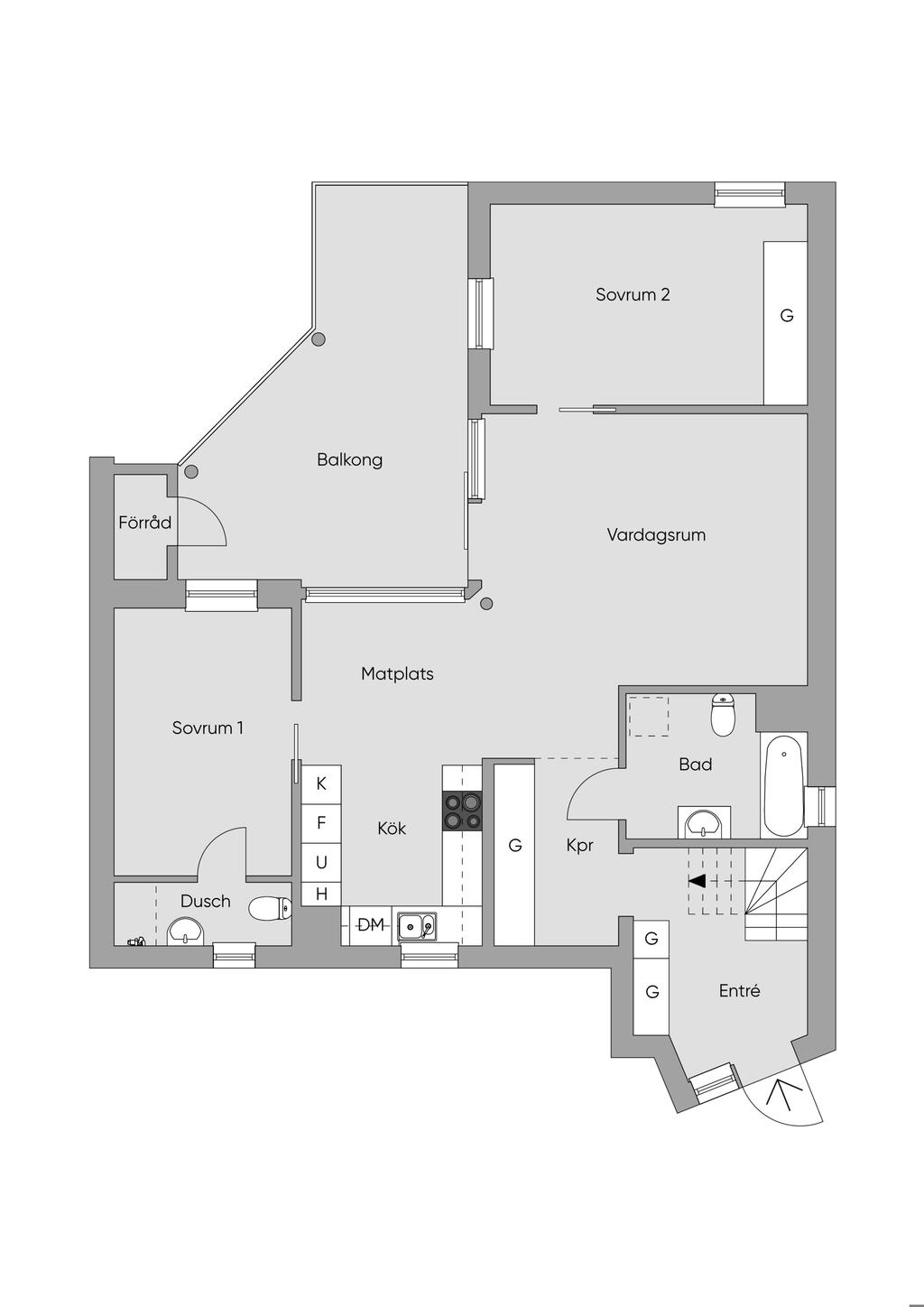 Entré i markplan. Resterande bostad en trappa upp.