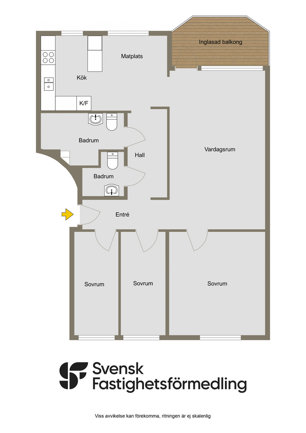 Alternativ planlösning med tre sovrum, 4-rok