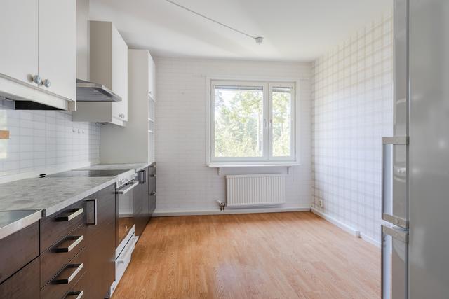 Stilrent kök med grön utsikt