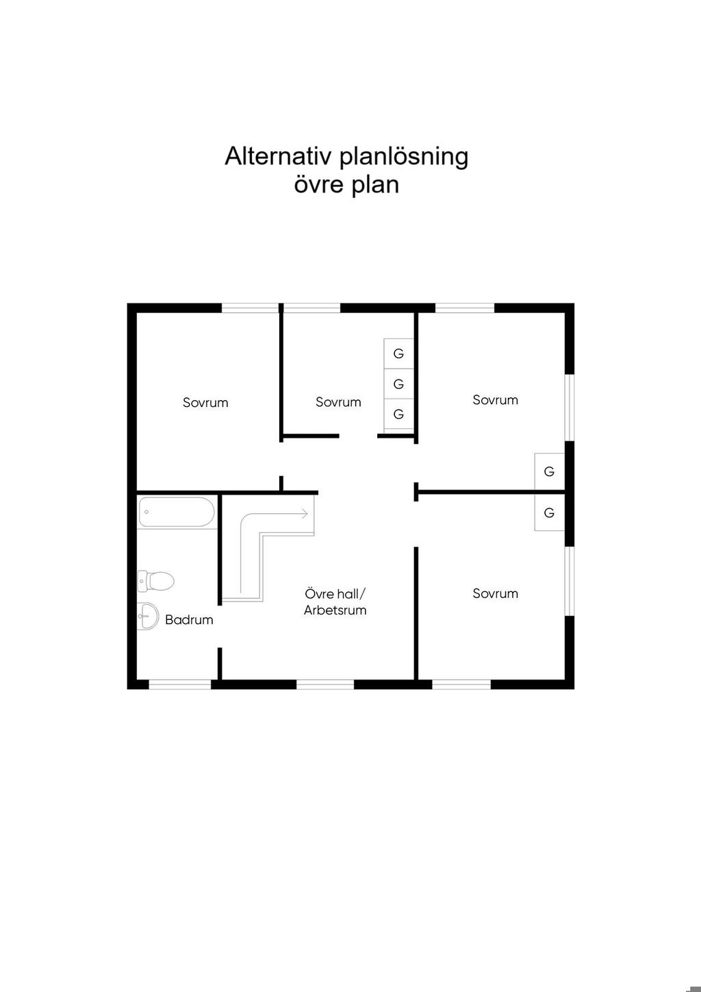 Alternativ planlösning med 4 sovrum på övre plan