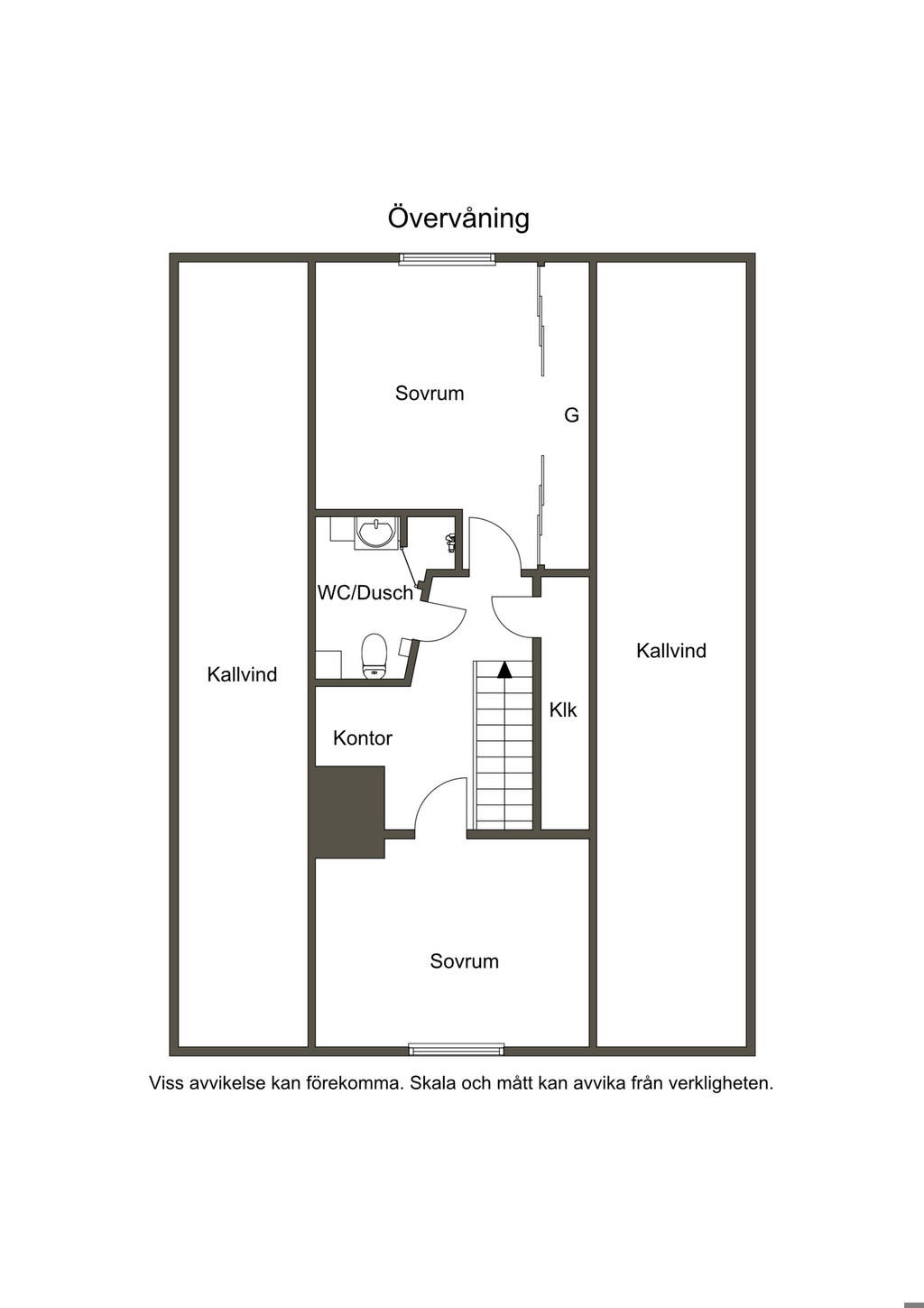 Övre plan med två sovrum, badrum samt separat klädkammare.