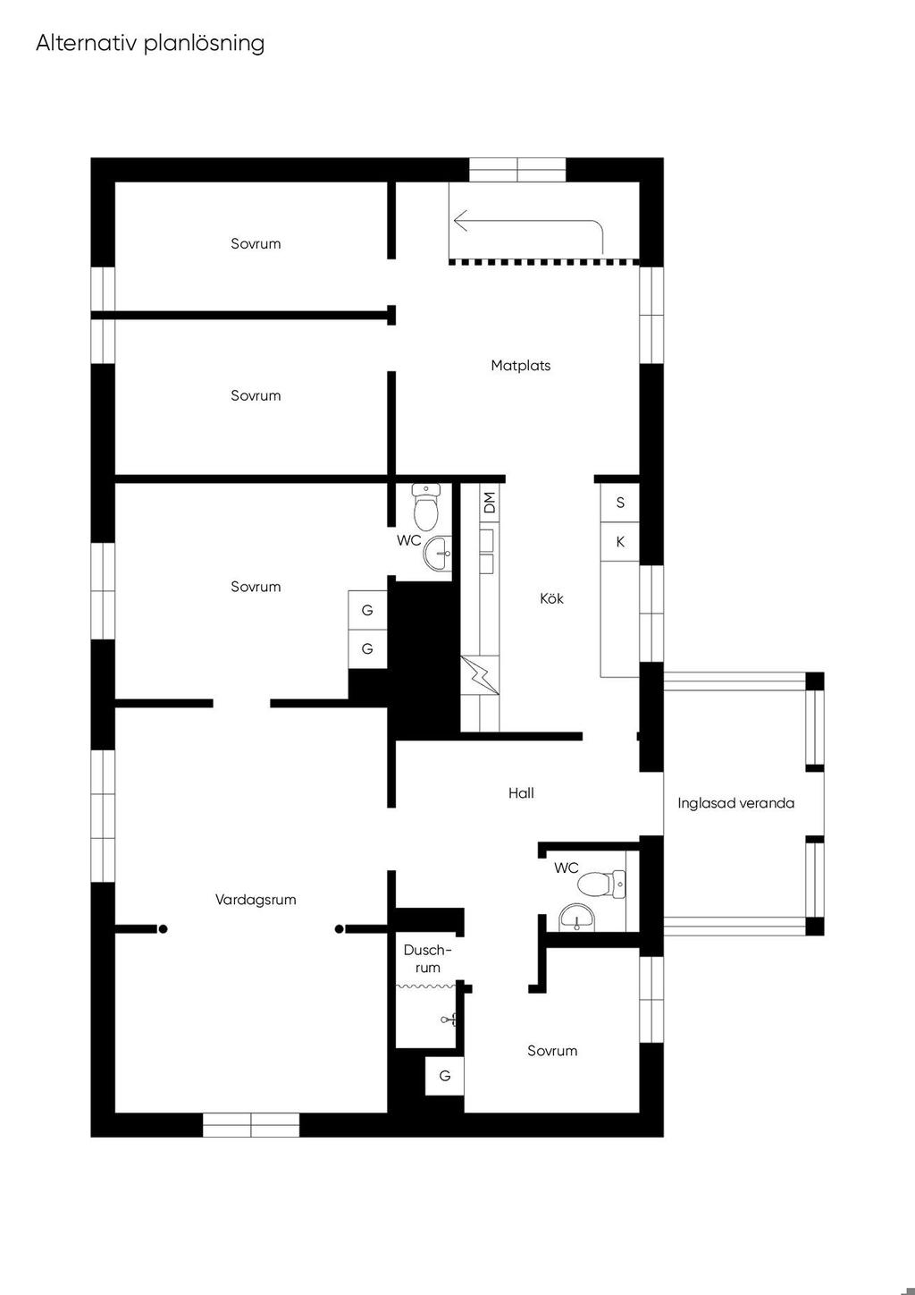 Övre plan - alternativ planlösning (tidigare varit avdelat med två rum)
