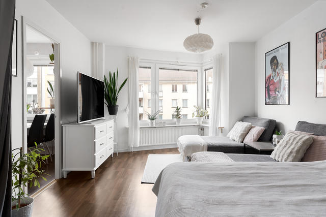 Ljust fint vardagsrum med plats för sovdel