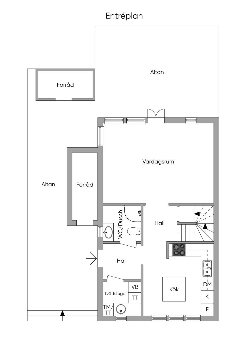 Entréplan. Det ena förrådet intill bostaden är mindre än planlösningen visar. 