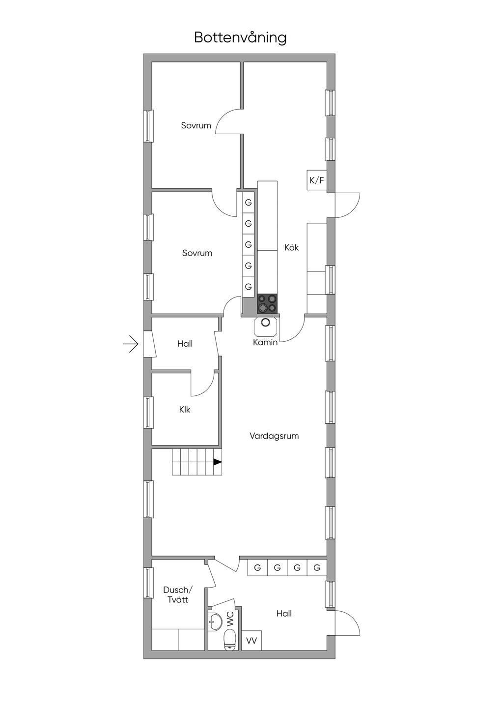 Planlösning 2D bottenvåning
Obs! Ritningen är gjord efter en grovskiss - ej skalenlig, ej exakt