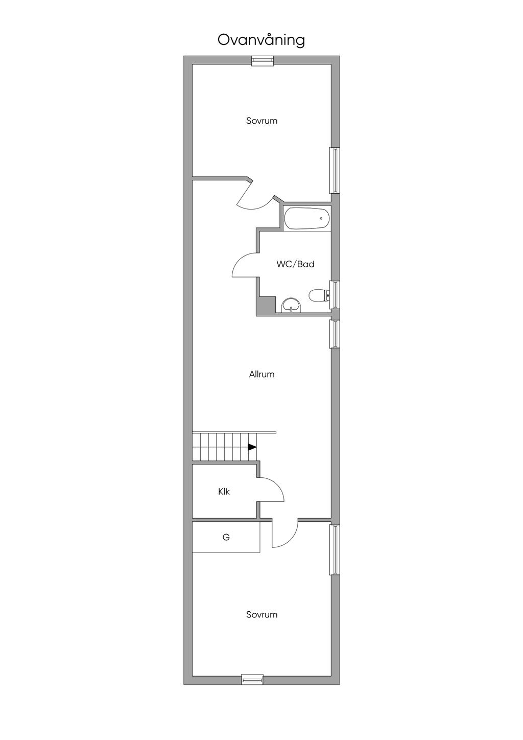 Planlösning 2D ovanvåning
Obs! Ritningen är gjord efter en grovskiss - ej skalenlig, ej exakt