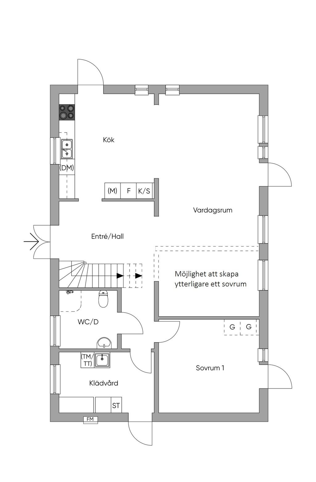 Förslag på planritning där man kan skapa ytterligare ett sovrum på entréplan