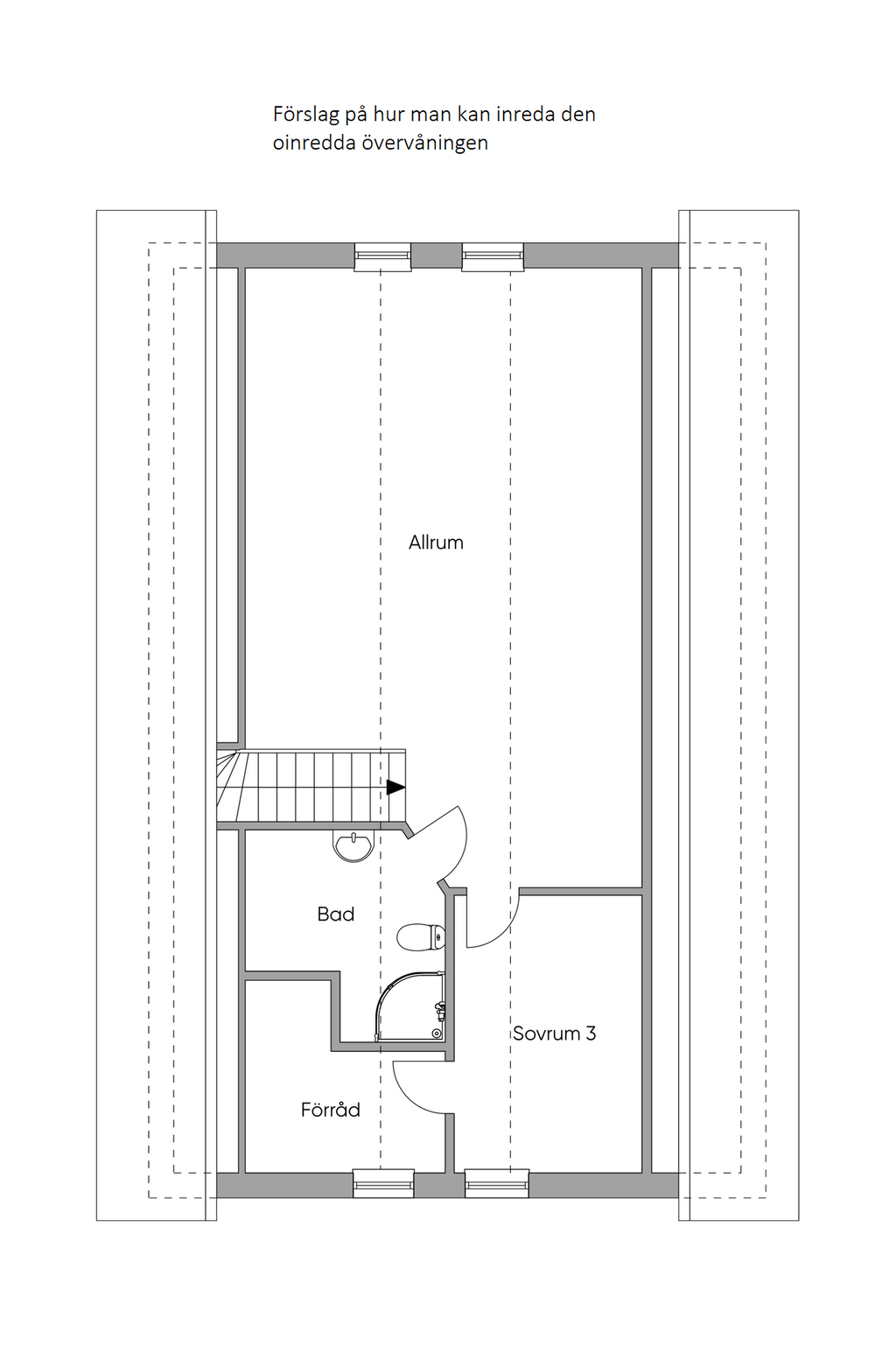 Övre plan är oinredd i dagsläget och här är ett förslag på hur man skulle kunna inreda. Det är förberett med trappa och rördragningar