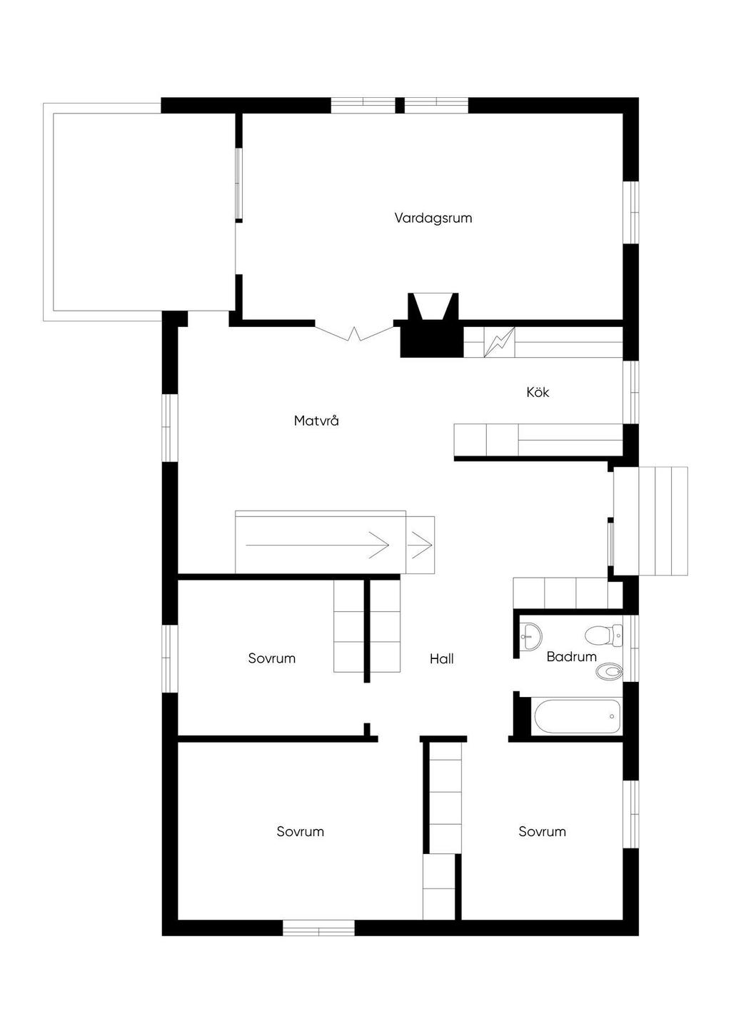 Våning 1
Badrummet är idag utbyggt i det som tidigare var sovrum. Uppdaterad planlösning kommer.