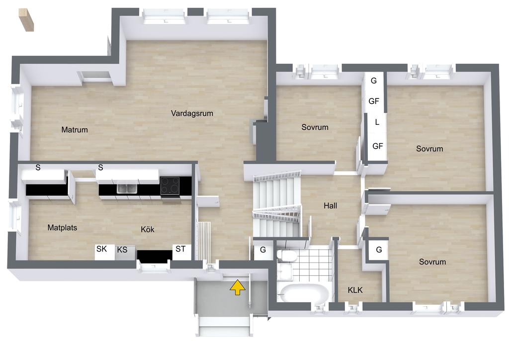 Planlösning entréplan samt övre plan via halvtrappa (till höger)