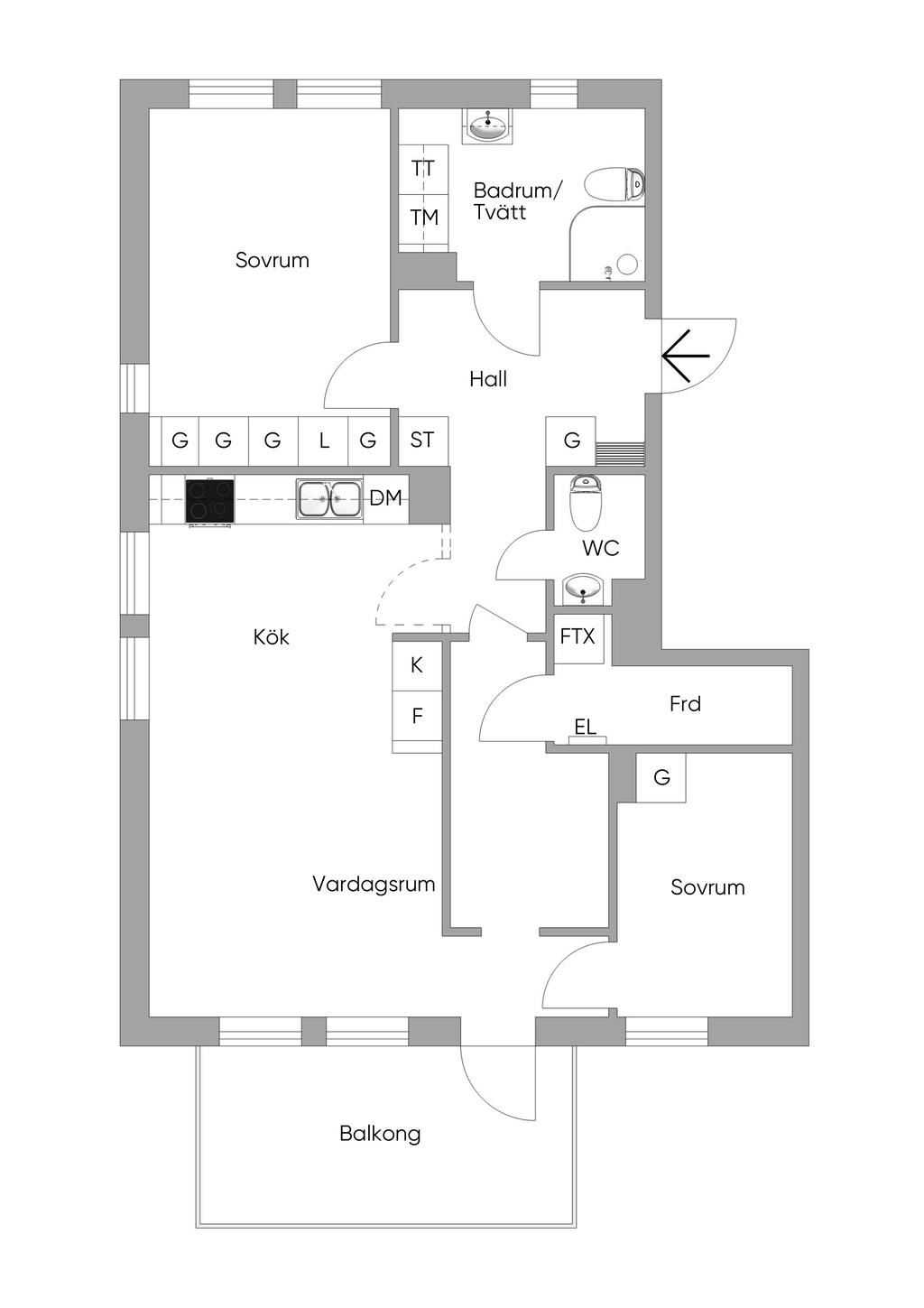 Nuvarande planlösning.
Väggen går enkelt att ta bort för att återställa till original.