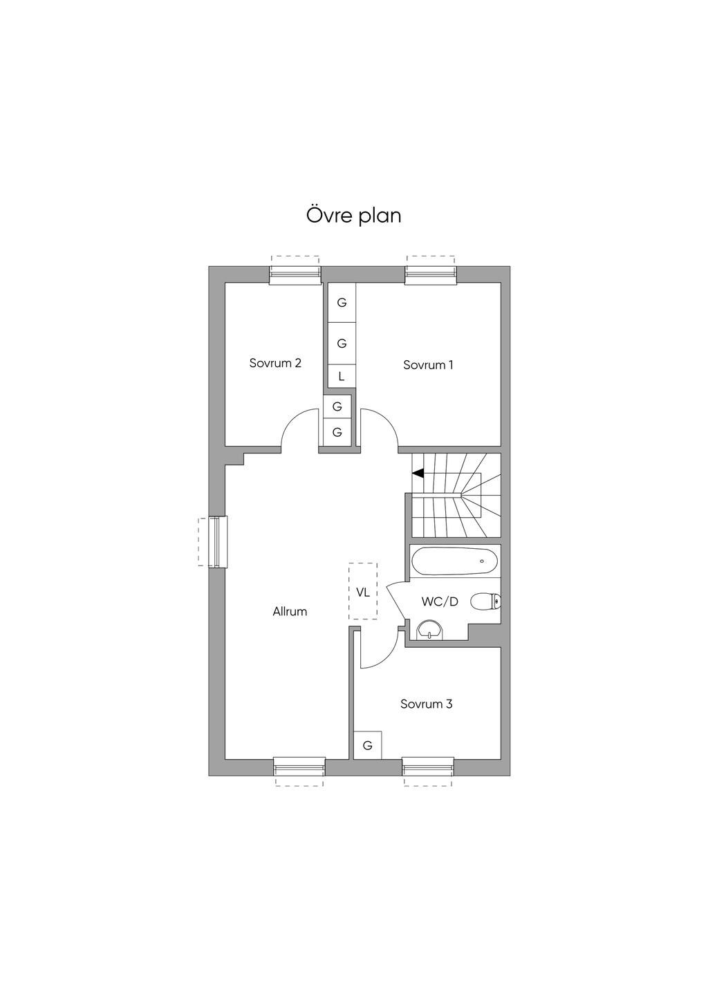 Rumsfördelning övre plan, här kan man även sätta upp en vägg och få ett extra sovrum vid behov!