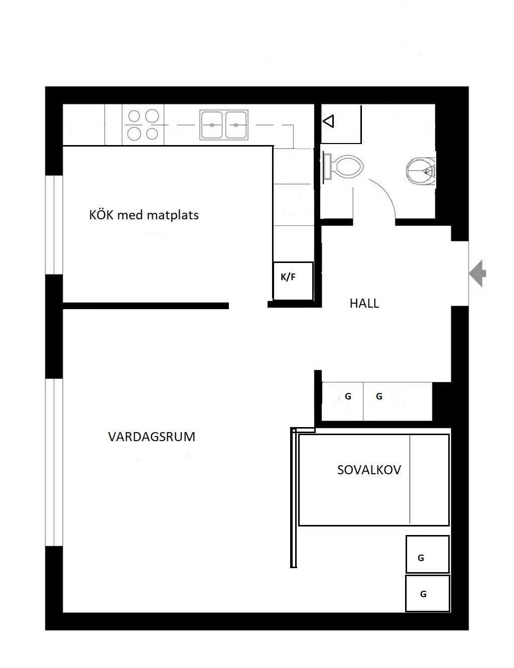 Alternativ planskiss med vägg vid alkoven