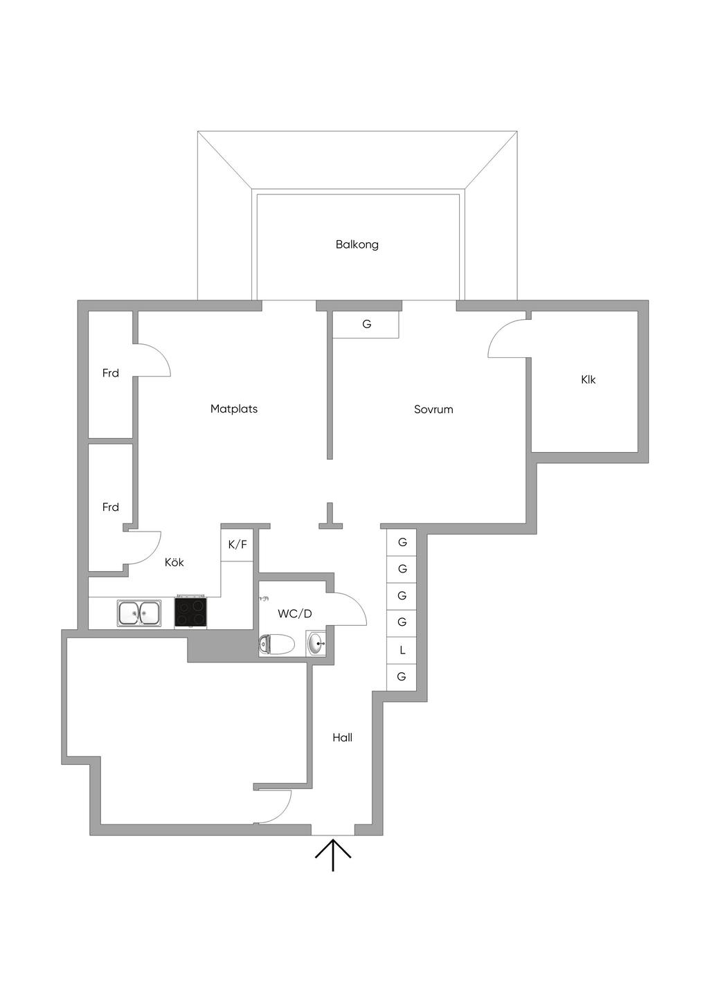 Klk- är idag ett mindre sovrum, samt rummet intill hallen är ett sovrum.