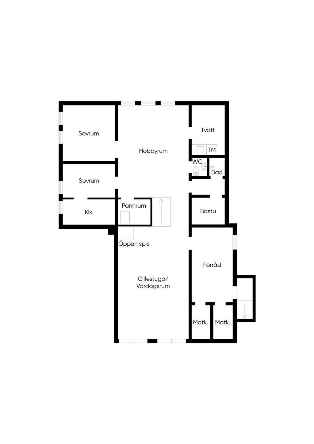 Planlösning nedre etage och källarplan. 