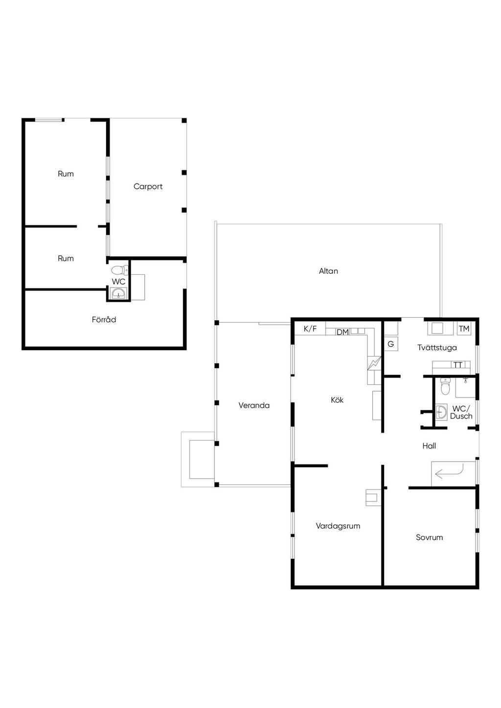 Planritning nedre plan samt gästhus/förråd
