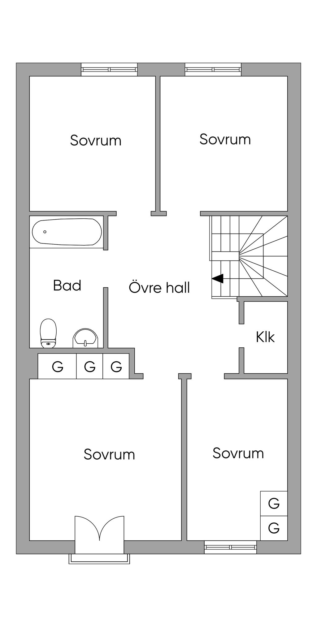 Alternativ planlösning för fyra sovrum samt klädkammare